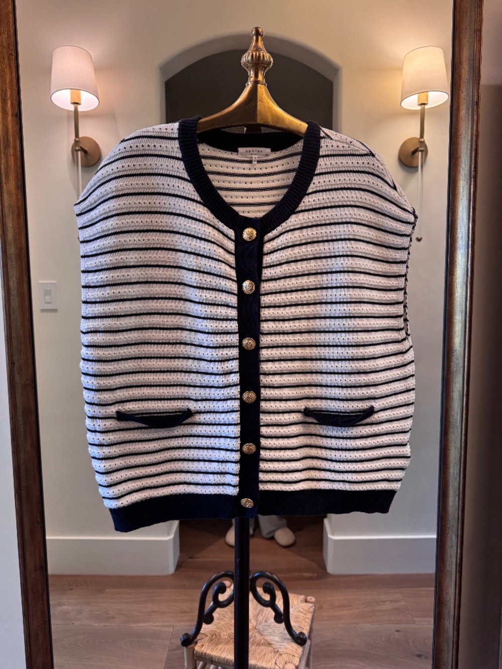 Rag & Bone Navy Striped Sweater with Gold Buttons Size Medium